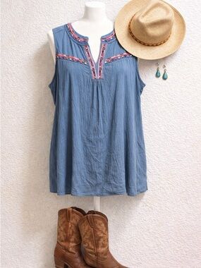 Sleeveless Embroidered Blue Tunic Top